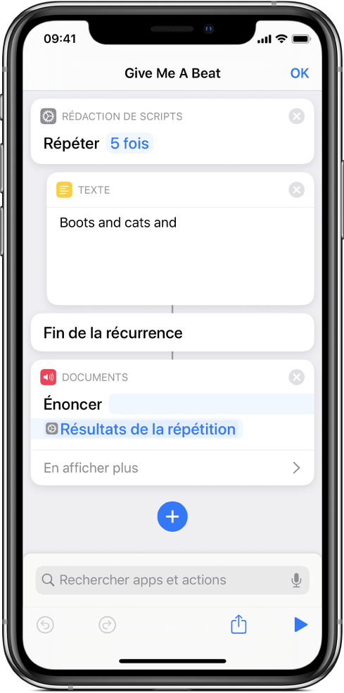 Action Texte dans une action Répéter mise en boucle 5 fois.