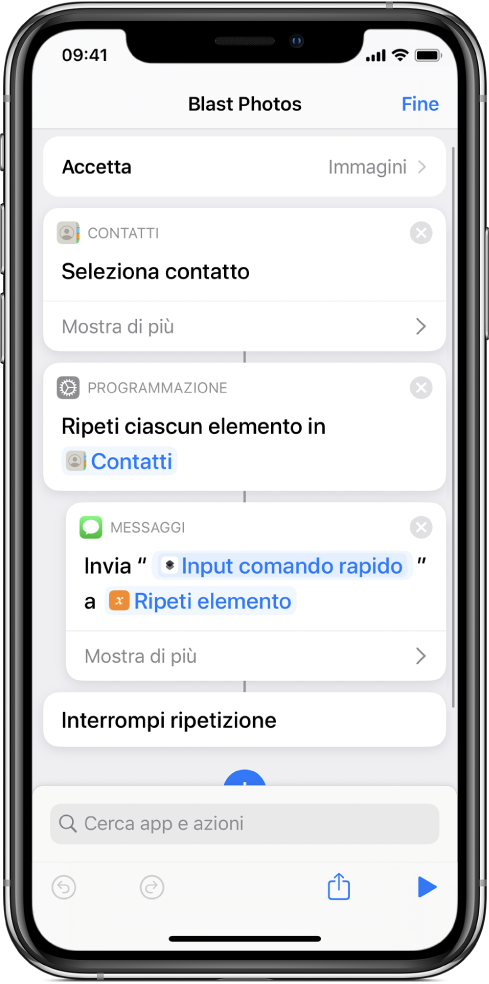Esempio di comando rapido che mostra le azioni Ripeti.