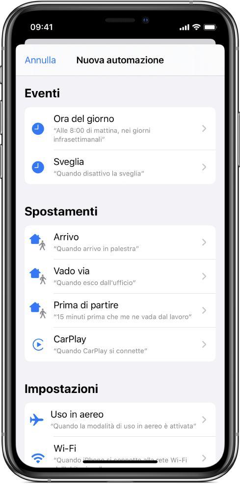 Attivazioni delle automazioni personali nell'app Comandi Rapidi.