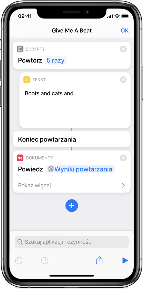 Czynność Tekst umieszczona wewnątrz czynności Powtarzaj z wybranym powtarzaniem pięć razy.