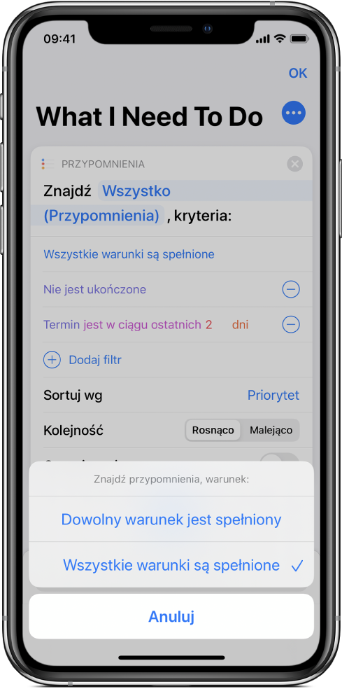 Czynność „Znajdź przypomnienia, warunek” z opcjami Wszystkie warunki są spełnione.
