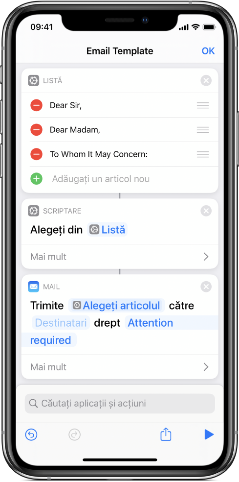 Acțiunea Listă pentru formule de salut.