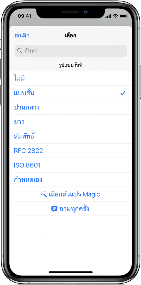 กล่องโต้ตอบตัวเลือกรูปแบบวันที่