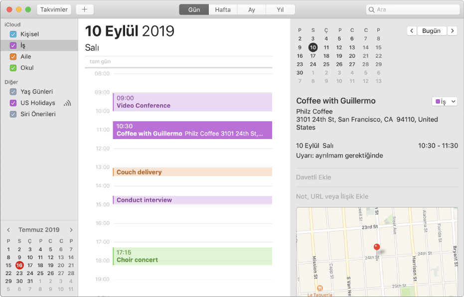 iCloud hesap başlığının altındaki kenar çubuğunda renk kodlu kişisel, iş, aile ve okul takvimlerinin gösterildiği Gün görüntüsündeki bir Takvim penceresi.