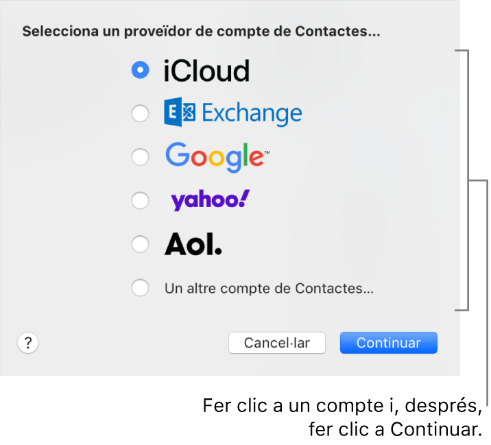 Finestra per afegir comptes d’internet a l’app Contactes.