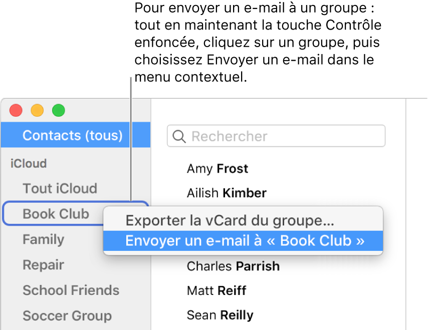 La barre latérale de Contacts affichant le menu local avec la commande permettant d’envoyer un e-mail au groupe sélectionné.