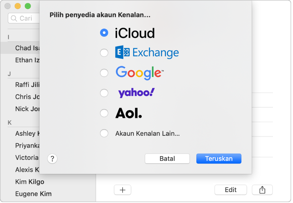 Tetingkap untuk menambah akaun internet ke app Kenalan.