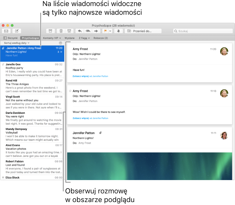 Na liście wiadomości wyświetlana jest tylko najnowsza wiadomość z rozmowy. Liczba wyświetlana w najwyższej wiadomości wskazuje ilość wiadomości zawartych w tej rozmowie w bieżącej skrzynce pocztowej. Możesz czytać rozmowę w obszarze podglądu.
