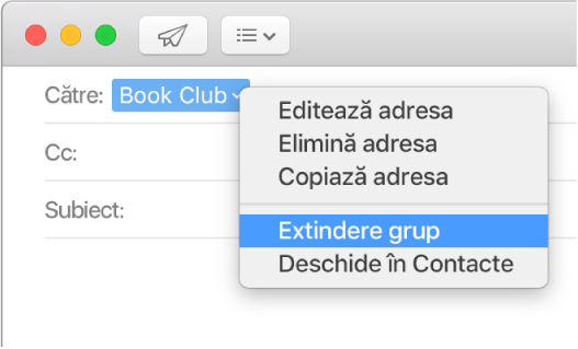 Un e-mail care prezintă un grup în câmpul Către și meniul pop-up indicând comanda Extindere grup.