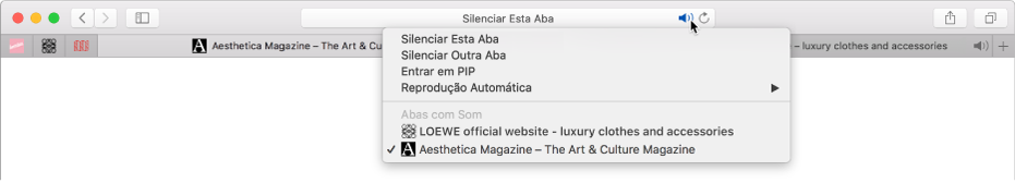 Uma lista de sites web que estão reproduzindo áudio.