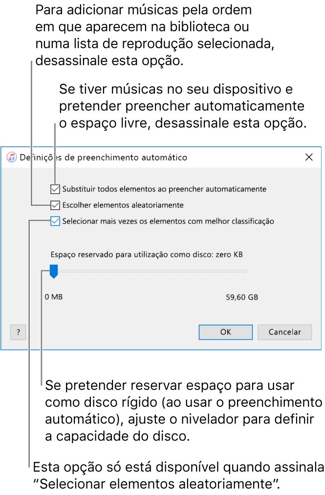 A caixa de diálogo “Definições de preenchimento automático”, com quatro opções, de cima para baixo. Se tiver músicas no seu dispositivo e pretender preencher automaticamente o espaço livre, desassinale a opção “Substituir todos os elementos ao preencher automaticamente”. Para adicionar músicas pela ordem em que aparecem na biblioteca ou numa lista de reprodução selecionada, desassinale a opção “Selecionar elementos aleatoriamente”. A opção seguinte “Escolher os elementos mais pontuados” só está disponível se assinalar a opção “Selecionar elementos aleatoriamente”. Se pretender reservar espaço para usar como disco rígido, ajuste o nivelador para definir a capacidade do disco.