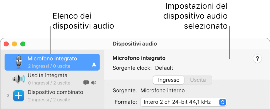 La finestra dei dispositivi audio.