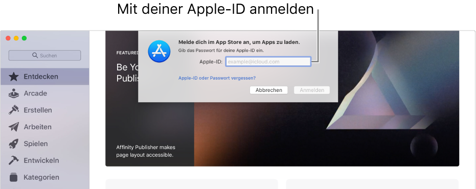 Das Dialogfenster zur Anmeldung beim App Store mithilfe der Apple-ID