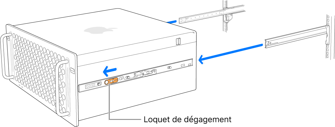 Le Mac Pro en train d’être retiré des glissières qui sont fixées au rack.