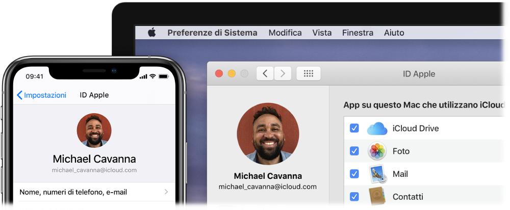 iPhone che mostra le impostazioni iCloud e uno schermata del Mac che mostra la finestra di iCloud.