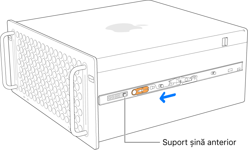 Mac Pro cu o șină în curs de glisare înainte și de blocare în poziție.