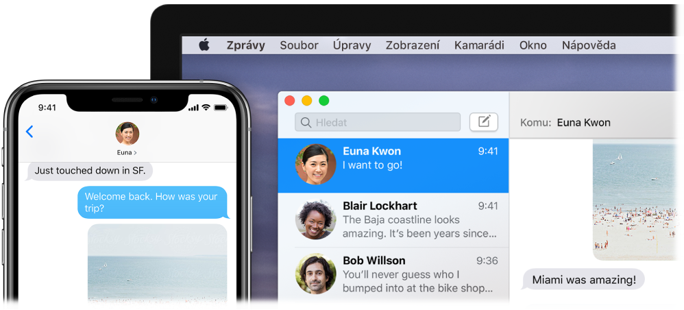Mac s otevřenou aplikací Zprávy a tatáž konverzace ve Zprávách na iPhonu