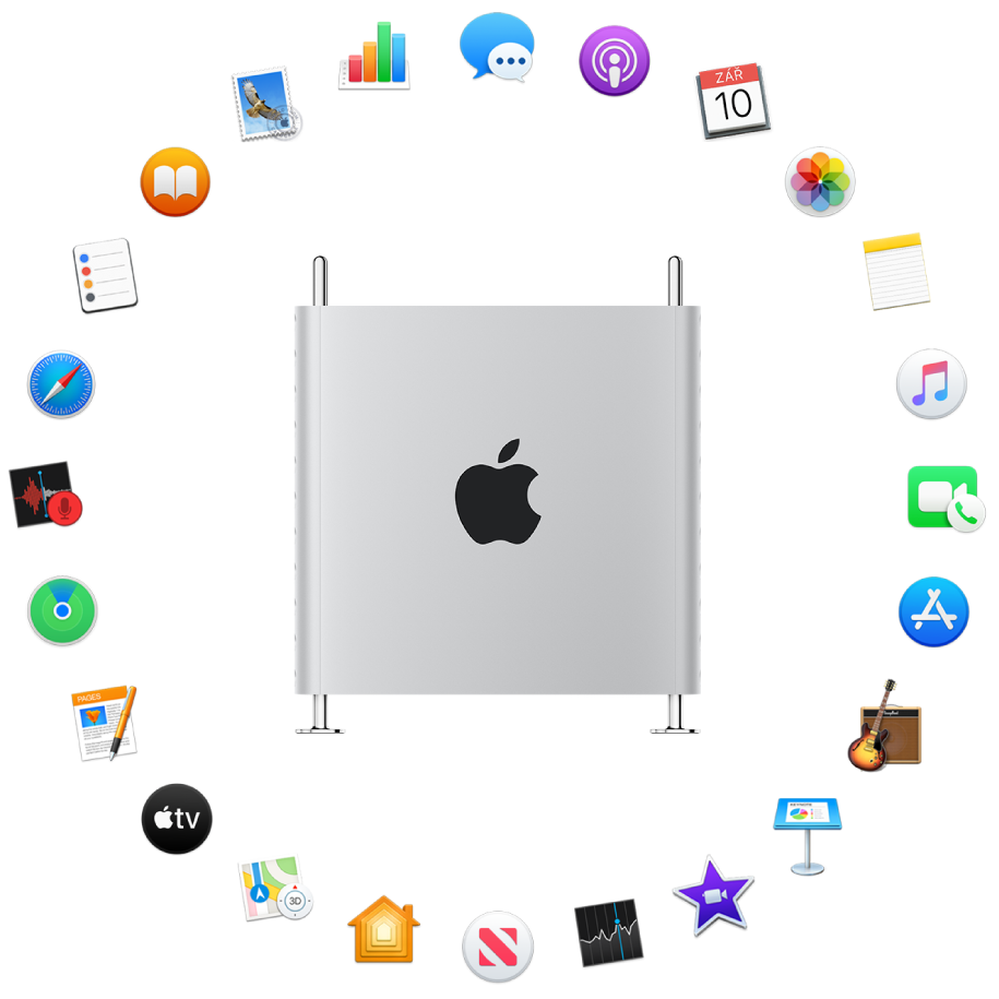 Mac Pro obklopený ikonami předinstalovaných aplikací, které jsou popsány v následujících oddílech