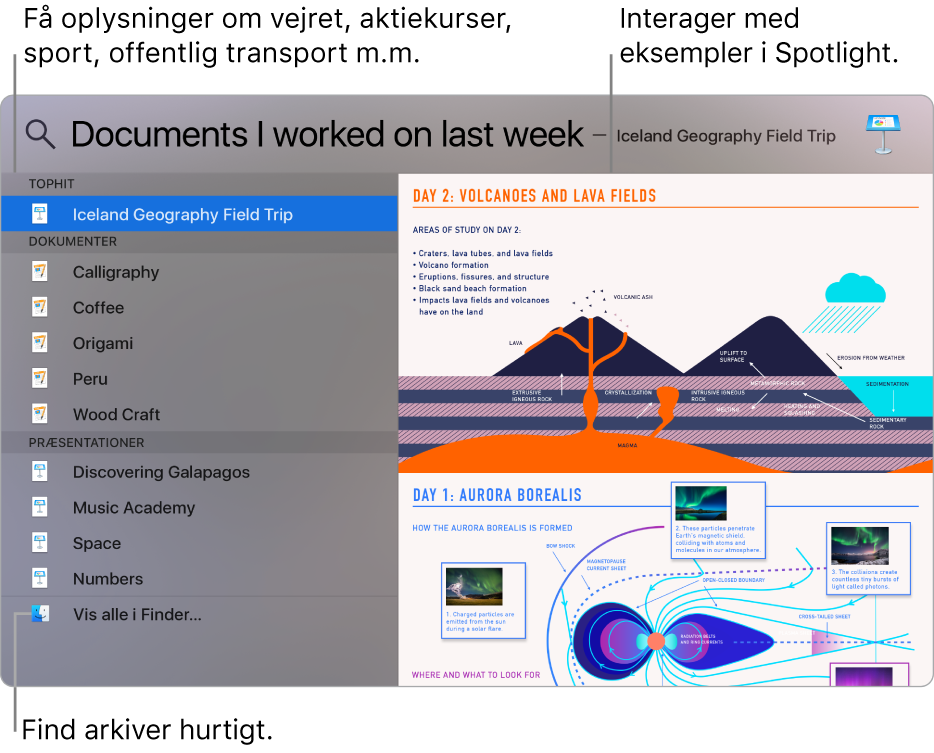 Spotlight-vinduet, der viser søgeresultater til venstre og et eksempel til højre.