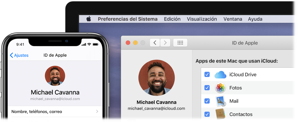 iPhone con los ajustes de iCloud y la pantalla de un Mac con la ventana de iCloud.