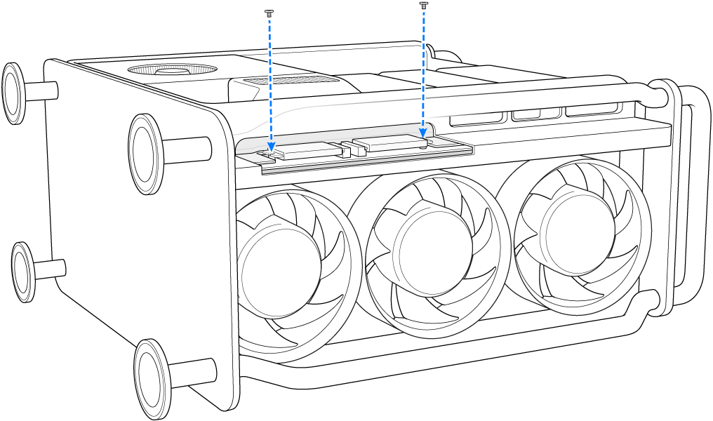 Se muestra cómo instalar dos tornillos en un Mac Pro colocado de lado.