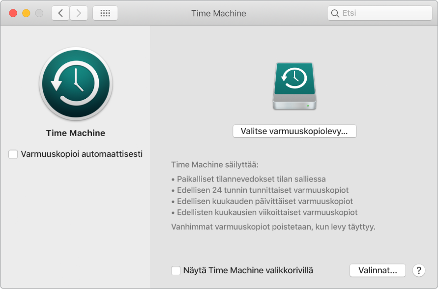 Time Machine -varmuuskopioikkuna.