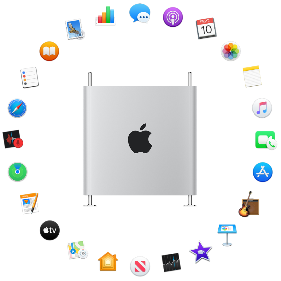 Un Mac Pro autour duquel sont représentées les icônes des apps fournies avec votre ordinateur et décrites dans les sections suivantes.