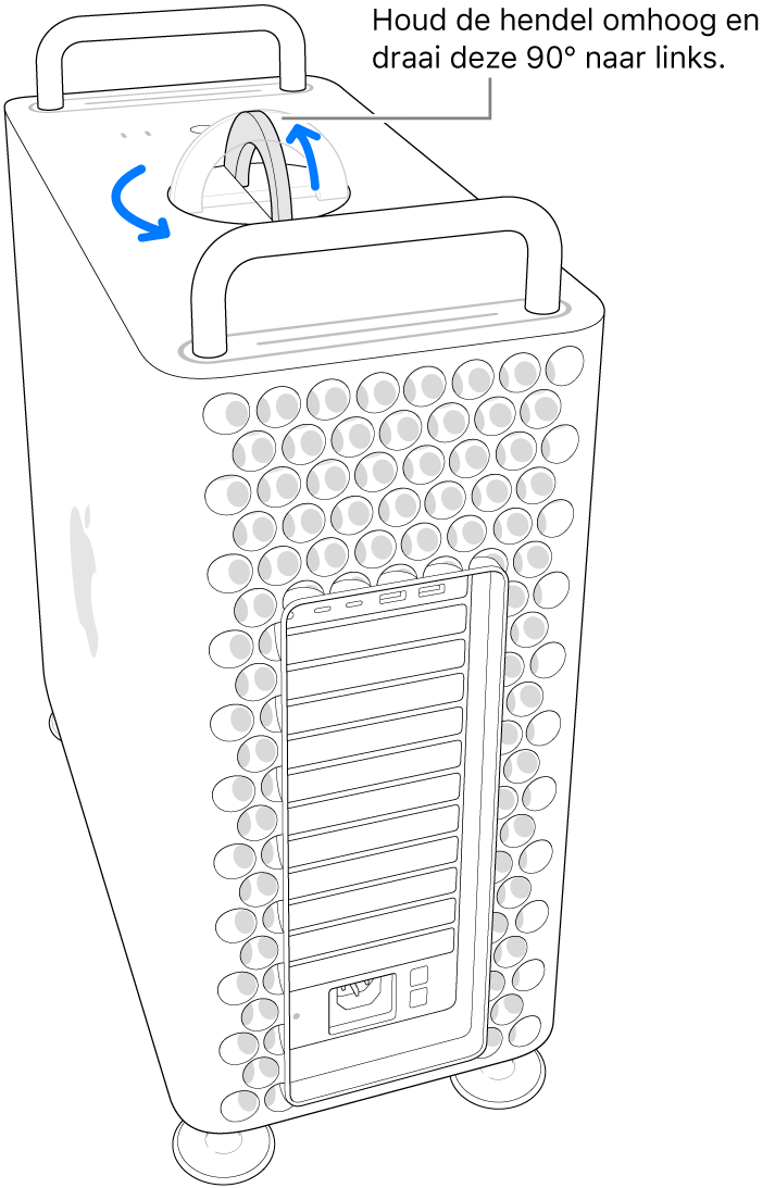 Illustratie van de eerste stap voor het verwijderen van de computerbehuizing door de hendel op te tillen en 90 graden te draaien.