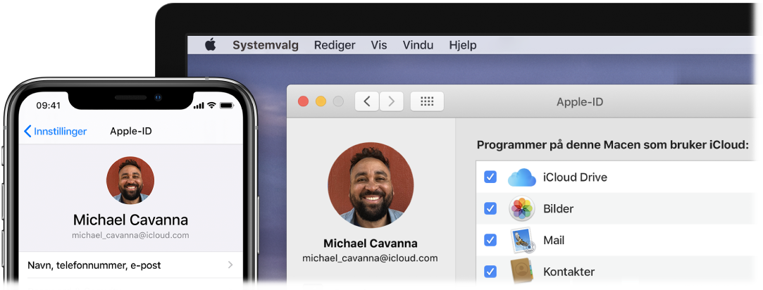En iPhone som viser iCloud-innstillinger, og en Mac-skjerm som viser iCloud-vinduet.