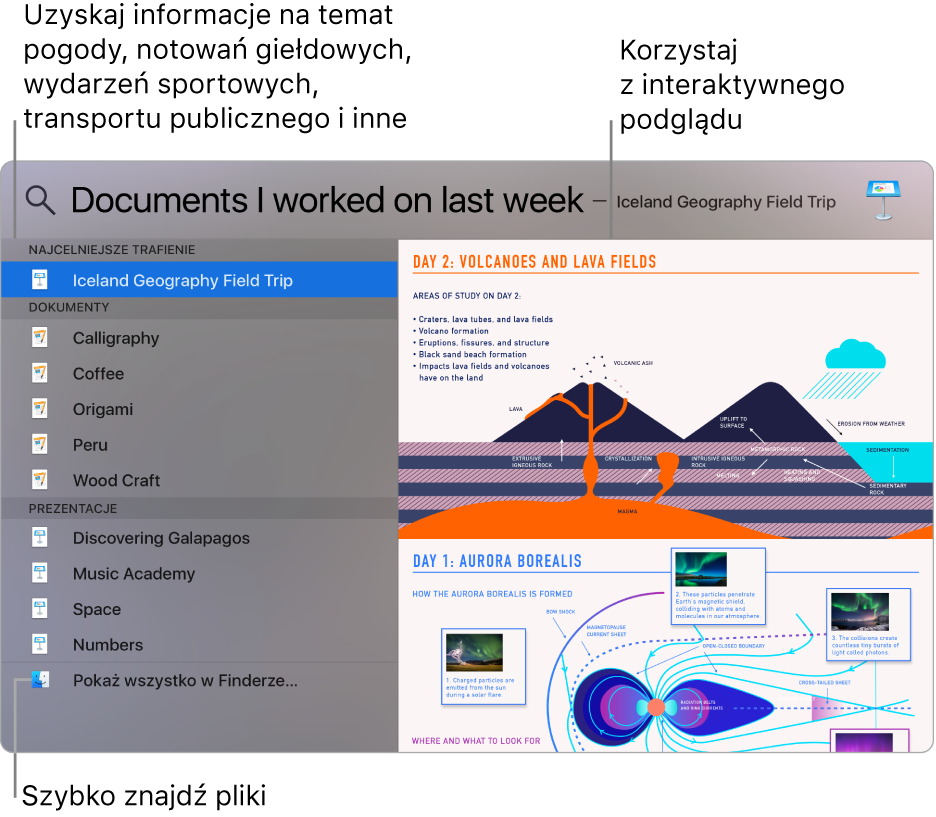 Okno wyników wyszukiwania Spotlight; lista wyników po lewej stronie i podgląd po prawej.