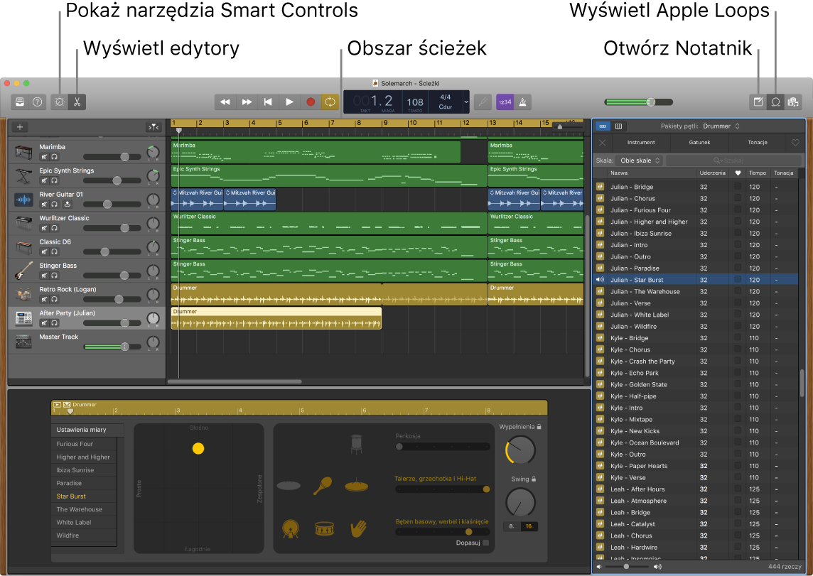 Okno aplikacji GarageBand z opisami przycisków narzędzi Smart Controls, edytorów, notatek i Apple Loops. Widoczny jest także obszar ścieżek.