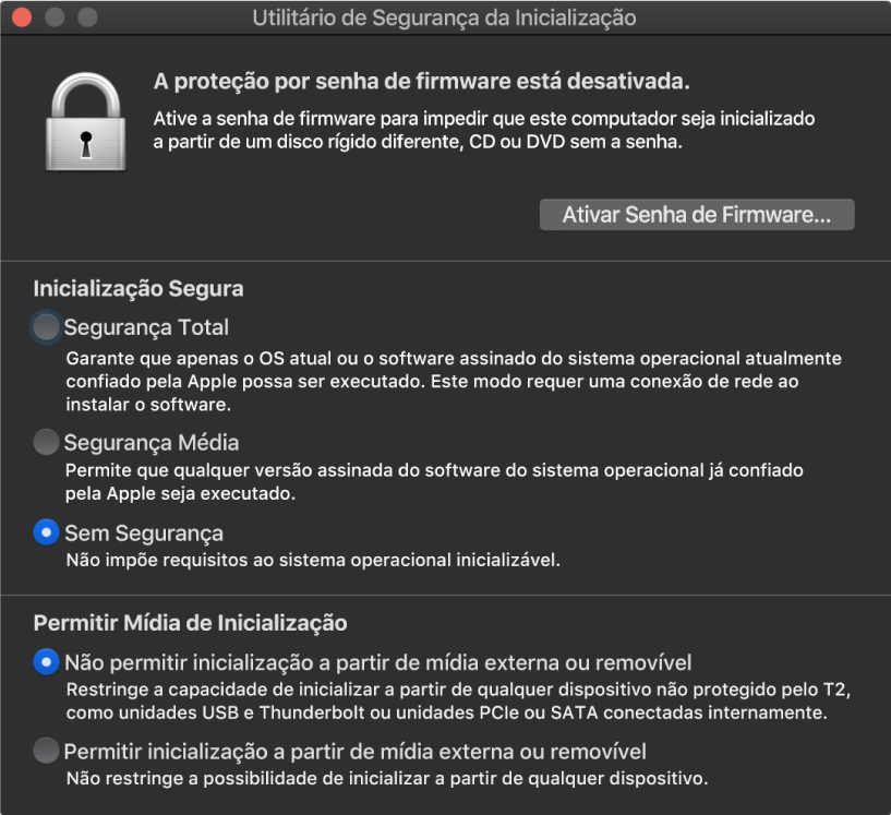 Janela do Utilitário de Segurança da Inicialização aberta com uma opção marcada para inicialização segura e uma opção marcada para inicialização externa.