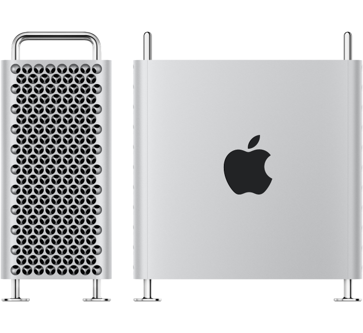Două imagini ale Mac Pro-ului; una este partea din capăt și cealaltă este partea laterală.