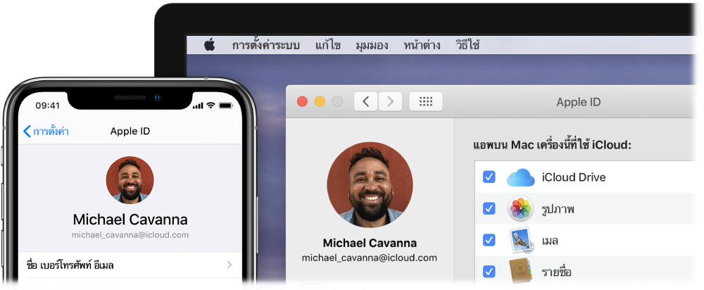 iPhone ที่แสดงการตั้งค่า iCloud และหน้าจอ Mac ที่แสดงหน้าต่าง iCloud