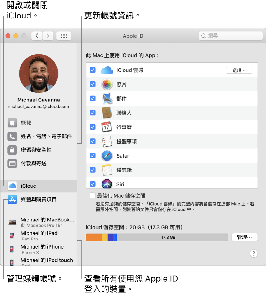 「系統偏好設定」中的 Apple ID 面板。按一下側邊欄中的項目來更新帳號資訊、開啟或關閉 iCloud、管理媒體帳號,以及查看所有使用您 Apple ID 登入的裝置。