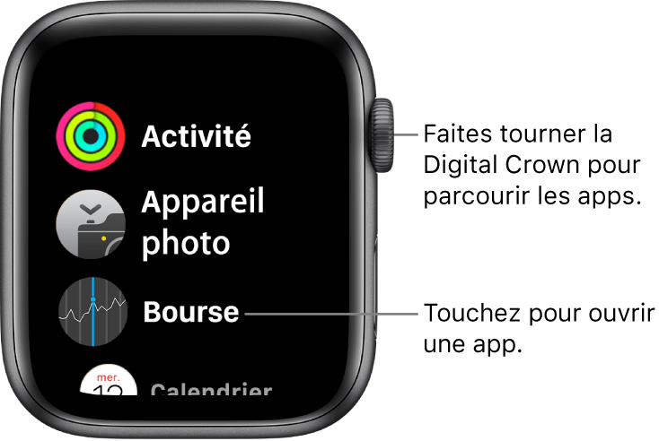 Écran d’accueil en présentation par liste sur l’Apple Watch, avec les apps disposées en liste. Touchez une app pour l’ouvrir. Faites défiler pour afficher plus d’apps.
