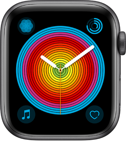 Le cadran Pride analogique utilisant le style Circulaire. Quatre complications sont affichées : Respirer en haut à gauche, Activité en haut à droite, Musique en bas à gauche, et Fréquence cardiaque en bas à droite.