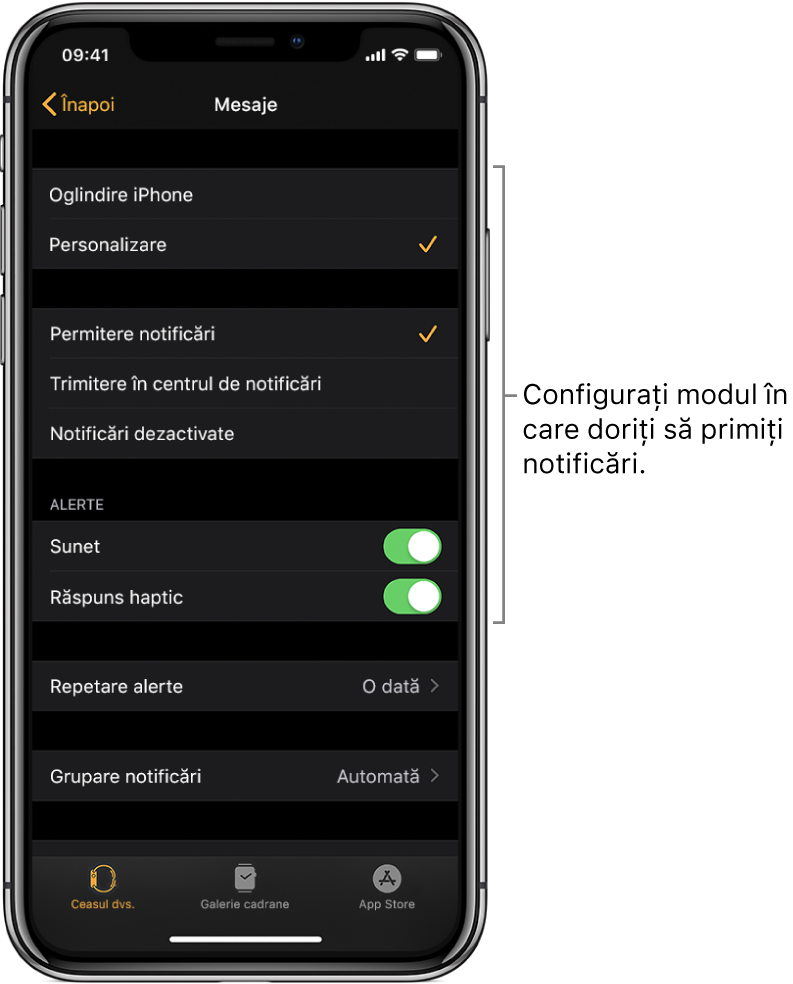 Configurările Mesaje în aplicația Apple Watch pe iPhone. Puteți alege să afișați alertele, să porniți sunetul, să activați răspunsul haptic și să repetați alertele.