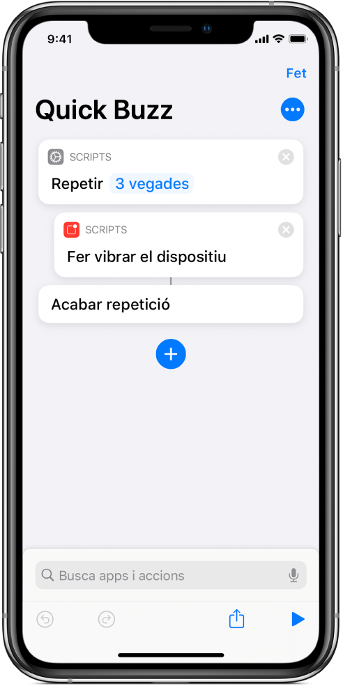 L’acció "Fer vibrar el dispositiu" configurada per repetir‑se tres vegades.