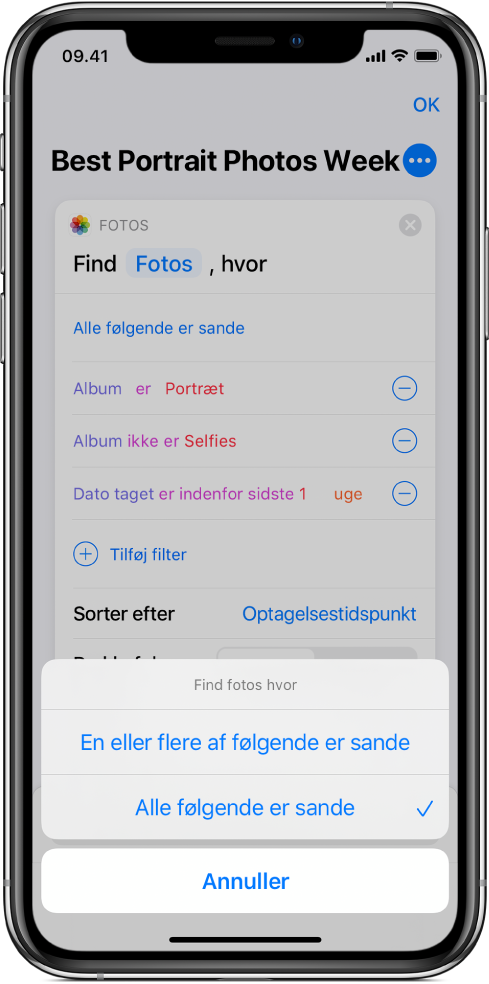 Handlingen Finde påmindelser Hvor med muligheden “Alle følgende er sande”.