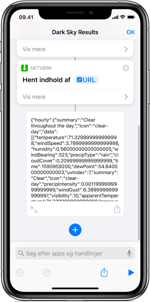 Resultatet af genvejen, der sender en anmodning til Dark Sky-API'et – vejrudsigten for Alcatraz.