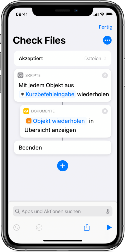 Kurzbefehleditor mit der Aktion „Hinweis zeigen“.