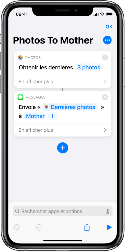 Un raccourci contenant l’action « Obtenir les dernières photos » et l’action « Envoyer le message ».