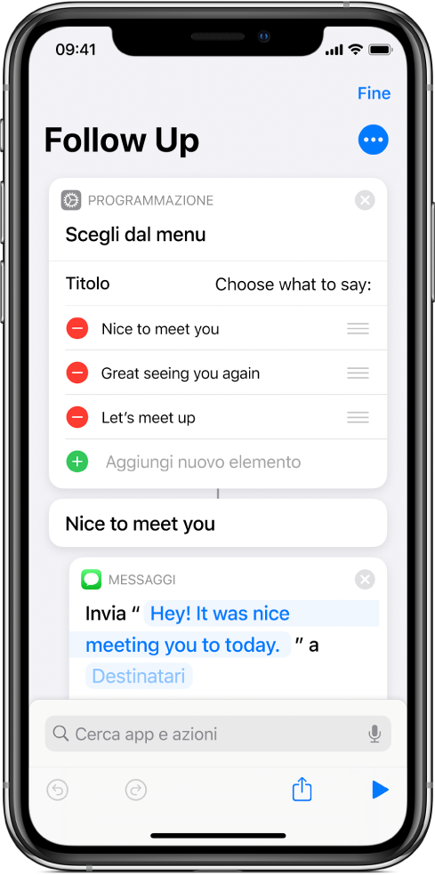 Comando rapido esemplificativo che mostra un'azione “Scegli dal menu”.