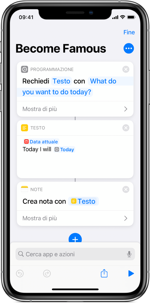 Il comando rapido Testo che contiene richieste.