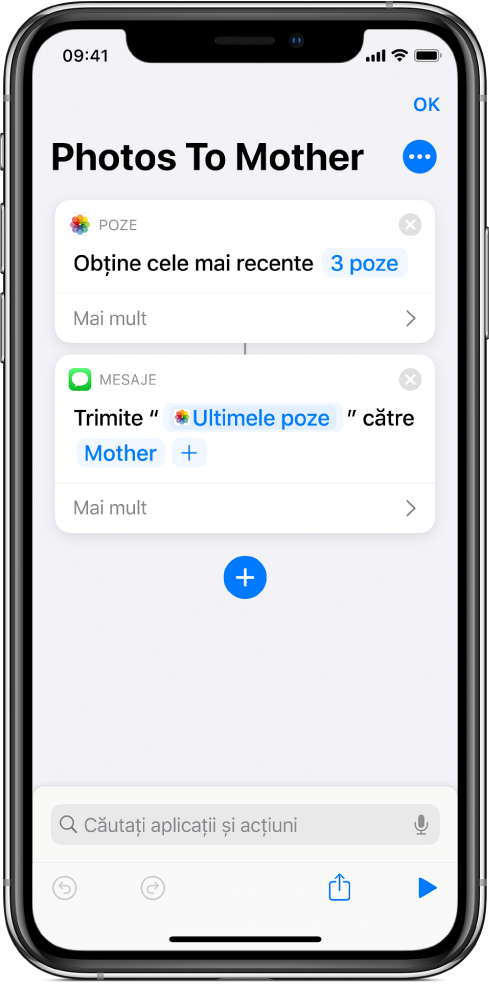Scurtătură conținând o acțiune “Ultimele poze” și o acțiune “Trimitere mesaj”.