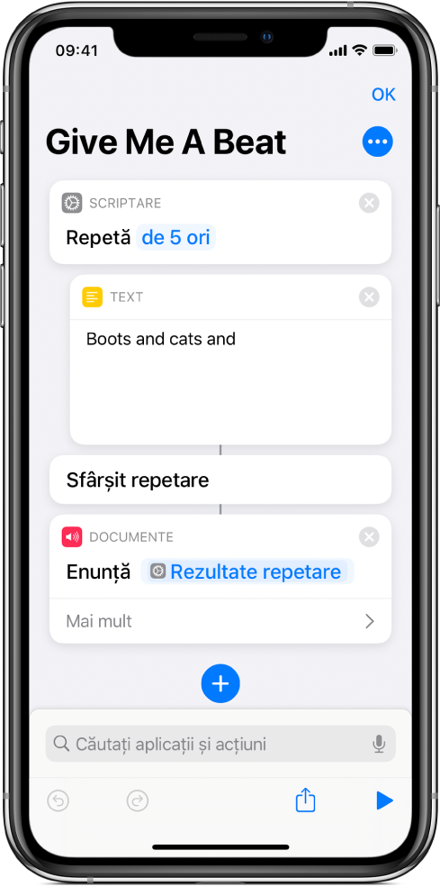 Acțiune “Text” într-o acțiune “Repetare” configurată pentru repetare în buclă de cinci ori.