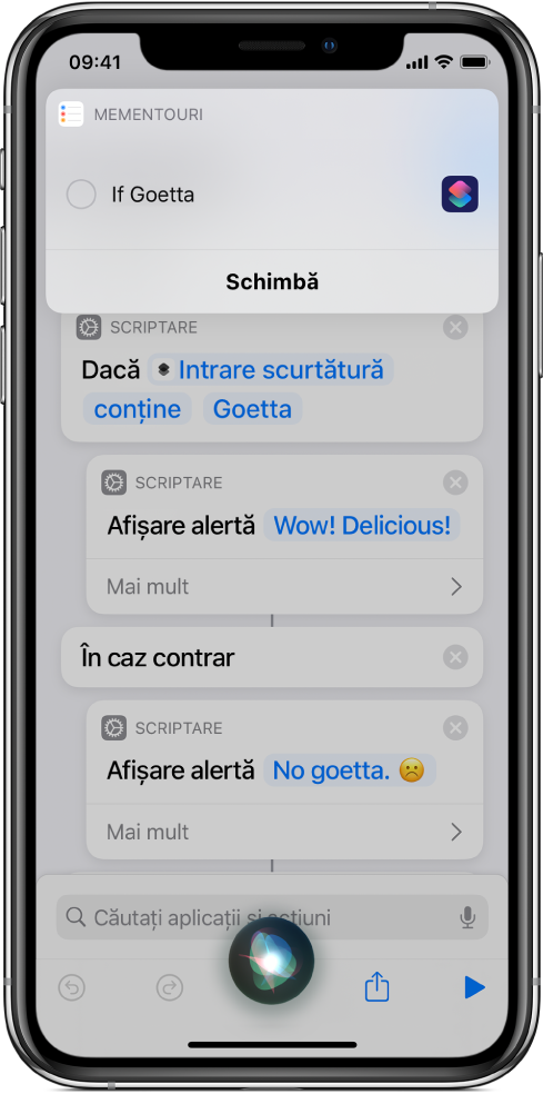 Ecranul Siri afișând adăugarea unei scurtături la mementourile dvs.