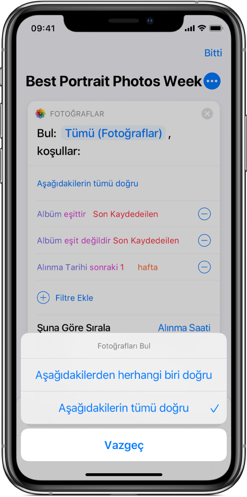 "Aşağıdakilerin tümü doğru" seçeneklerinin gösterildiği Anımsatıcıları Bul Nerede işlemi.