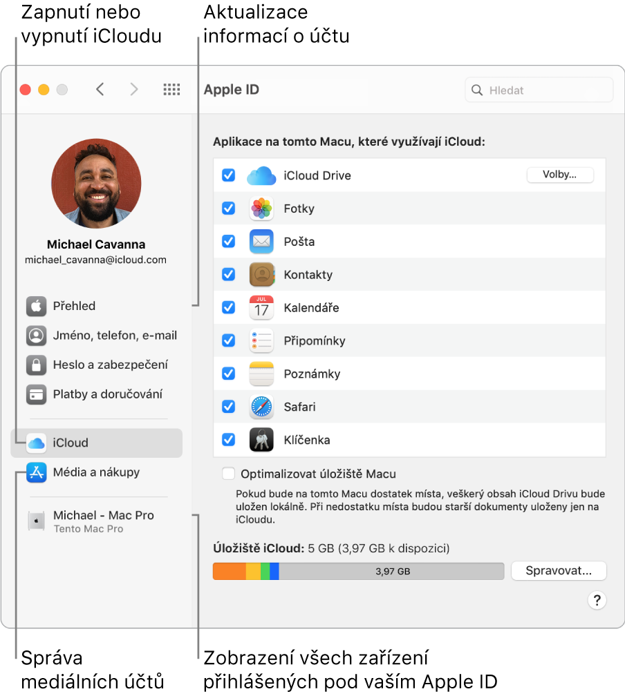 Panel Apple ID v Předvolbách systému. Po kliknutí na různé položky na bočním panelu můžete aktualizovat údaje o svém účtu, zapnout nebo vypnout iCloud, spravovat mediální účty nebo zobrazit všechna zařízení přihlášená pod vaším Apple ID.